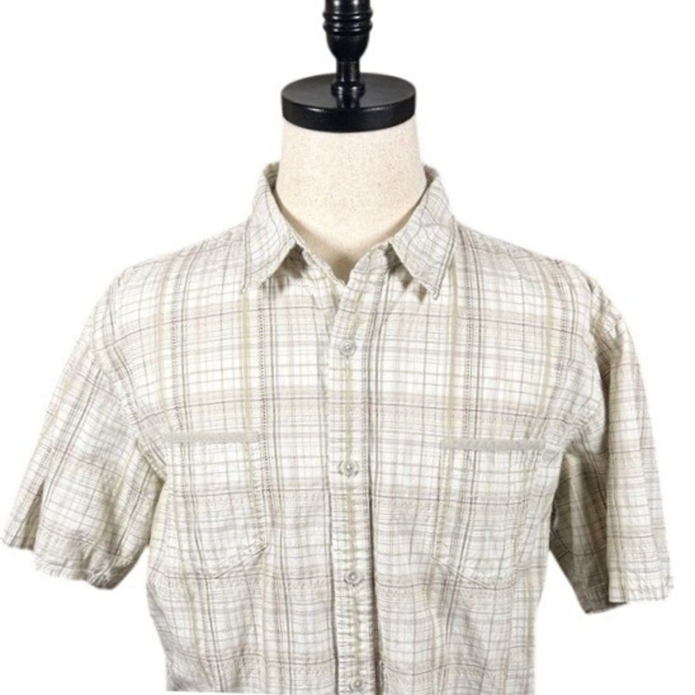 REI Mens XL Plaid Short Sleeve Button Up Shirt 100% Organic Cotton Tan Beige